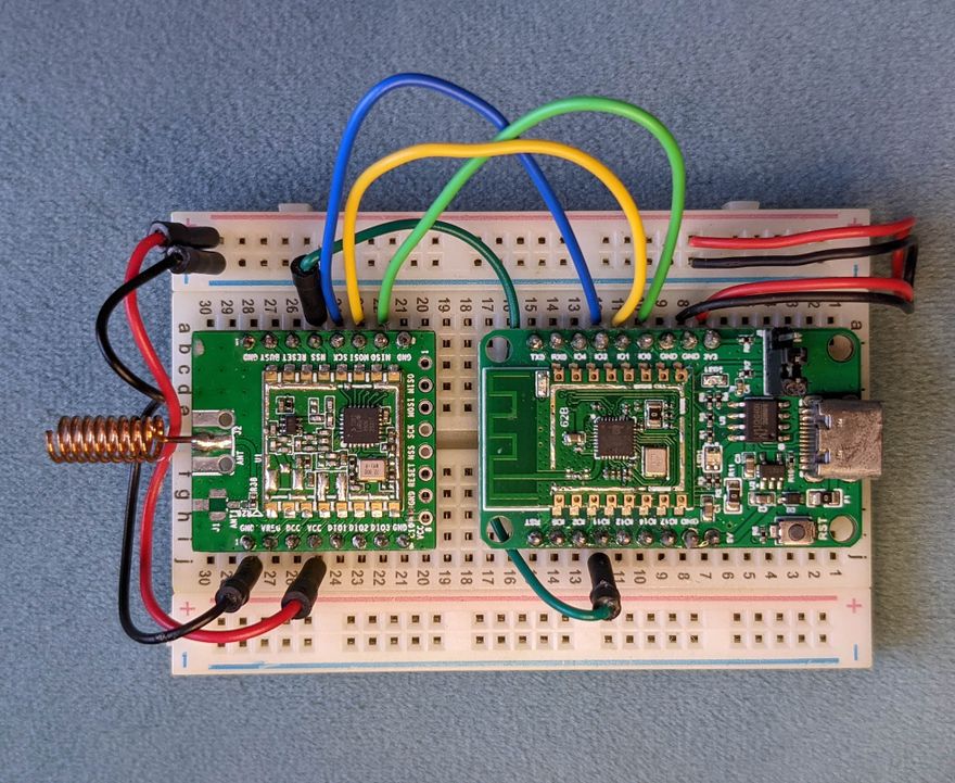 PineCone BL602 Board (right) connected to Semtech SX1262 LoRa Transceiver (left)